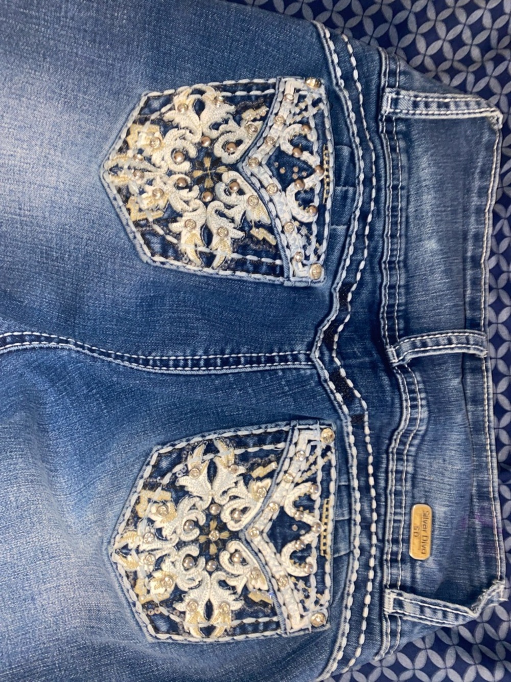 Women's Blue Boot Cut Jeans with Gold Embroidered Back Pockets